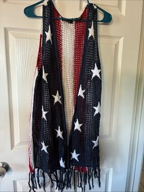 Open-Knit Stars & Stripes Fringe Vest in Red, White, Blue